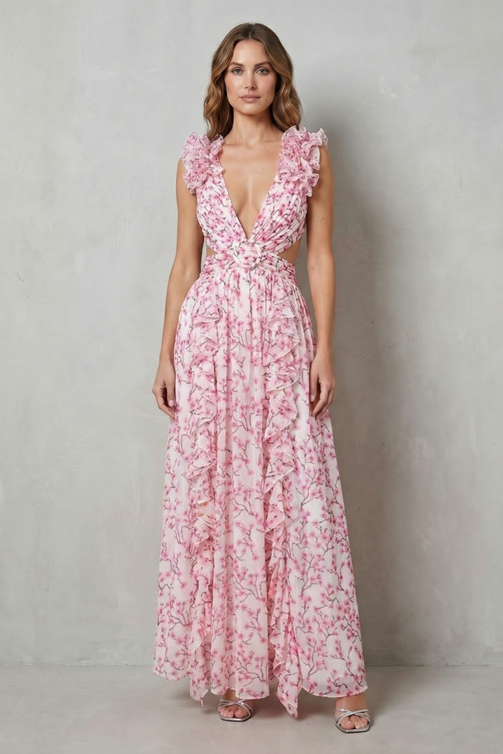 Floral maxi dress with ruffle sleeves and deep V-neck, ruched waist, pink floral