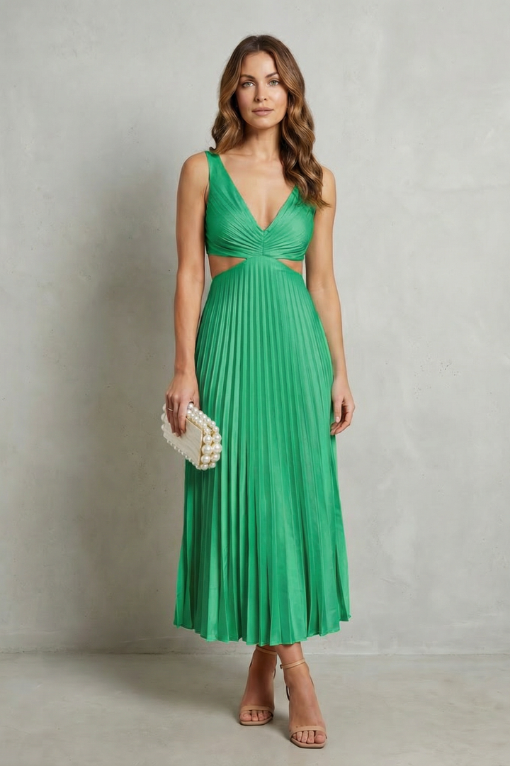 Green waist-pleated maxi dress with V-neck ruched bodice, sleeveless; pearl beaded clutch