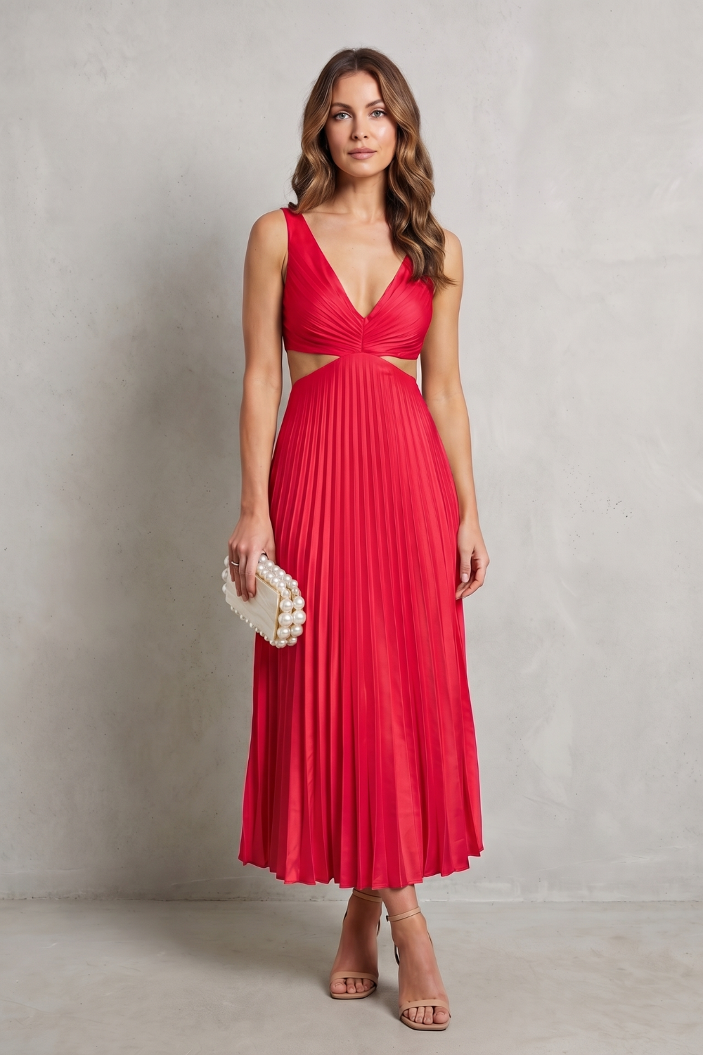 Women's waist pleated maxi dress, red sleeveless V-neck with pleated maxi length