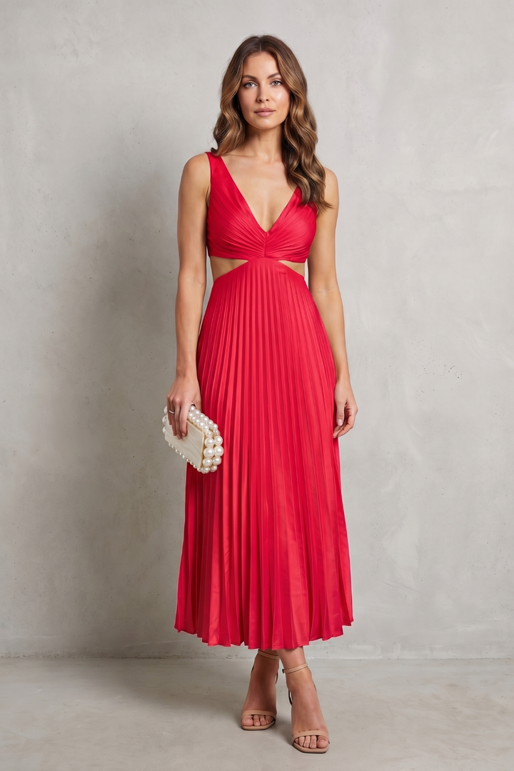 Women's waist pleated maxi dress, red sleeveless V-neck with pleated maxi length