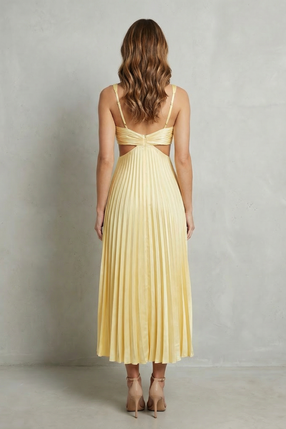 Yellow waist-pleated maxi dress, back view: V-back with ruched waist, sleeveless