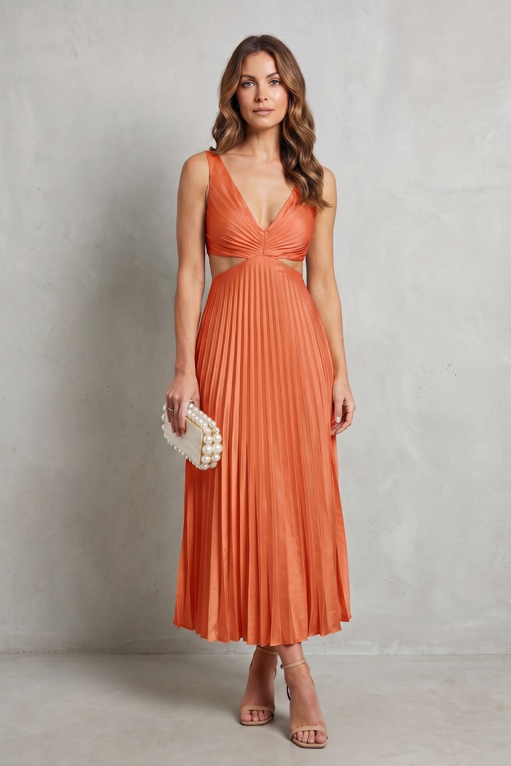 Orange waist-pleated maxi dress with V-neck ruched bodice, sleeveless; side view