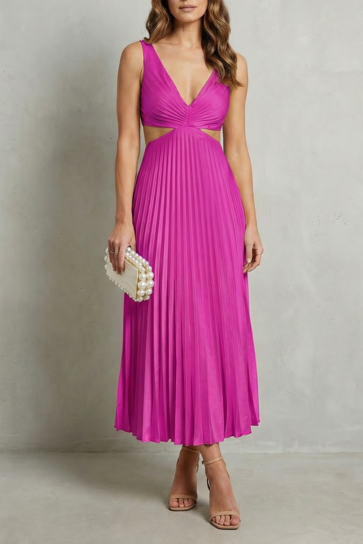 Purple waist-pleated maxi dress with V-neck ruched bodice, sleeveless; pearl beaded clutch