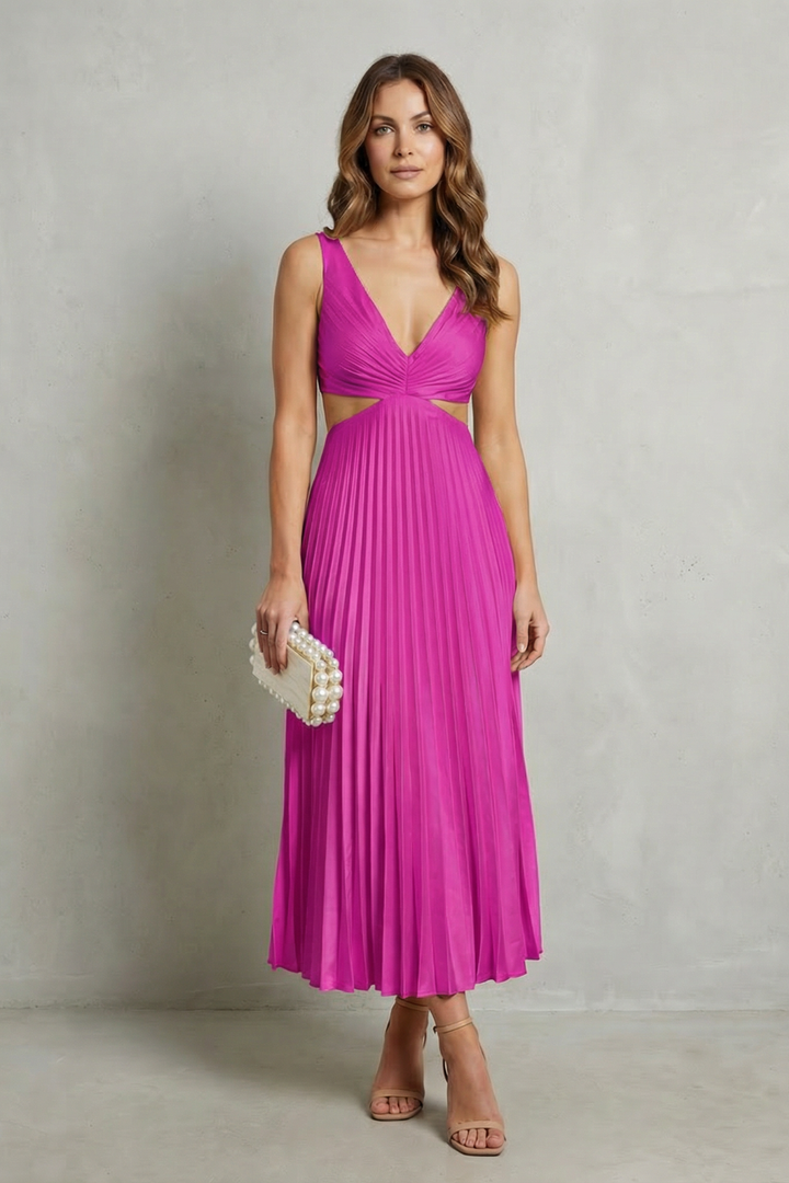 Purple waist-pleated maxi dress with V-neck ruched bodice, sleeveless; side view