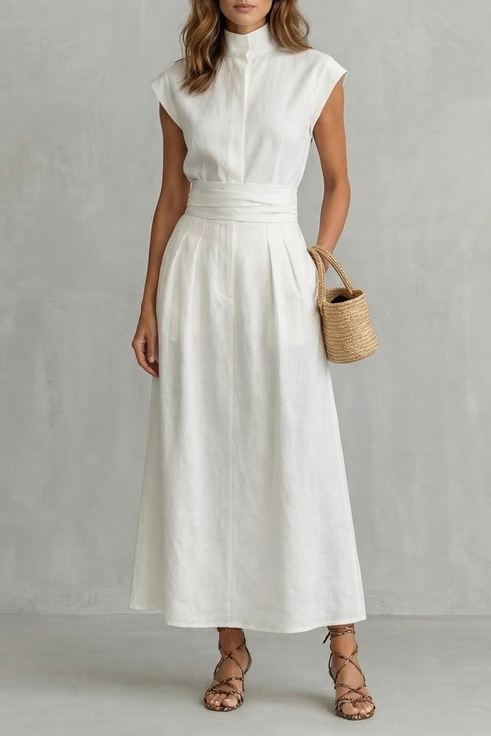 White sleeveless maxi dress with high neck and waist seam, gathered skirt