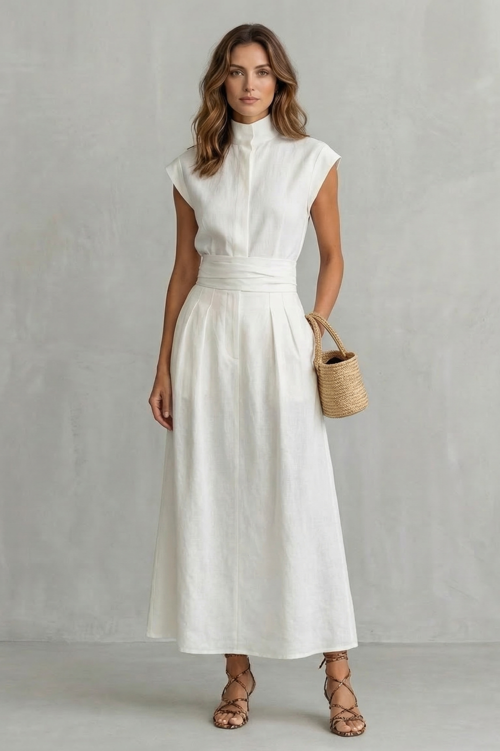 White high-neck sleeveless maxi dress with fitted waist and full skirt