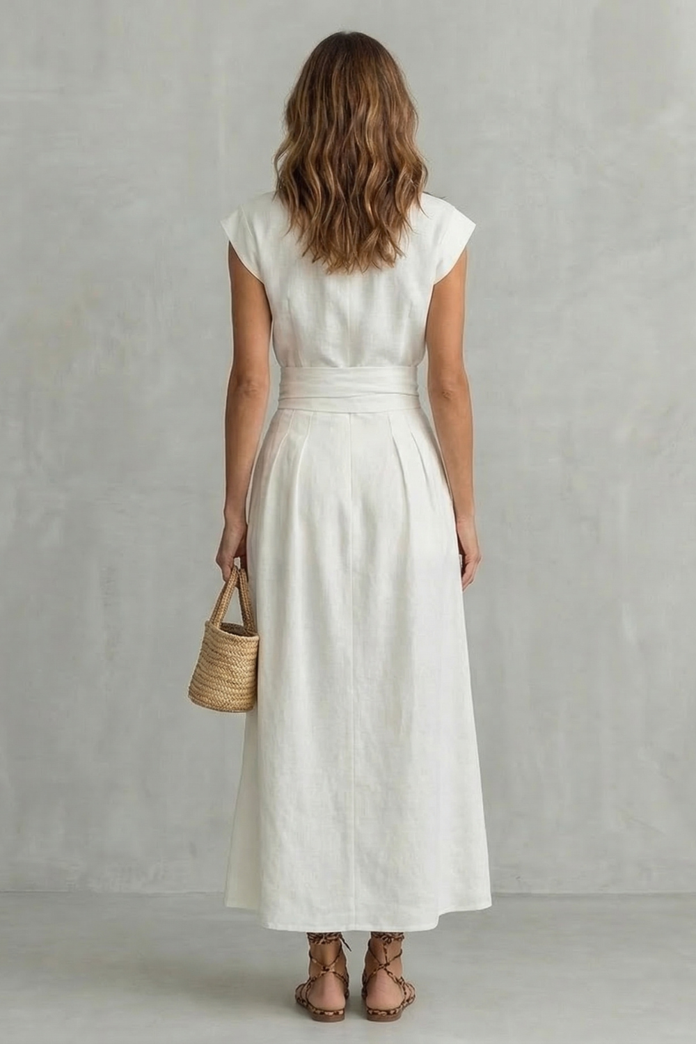 White sleeveless maxi dress with high neck and back waist seam detail