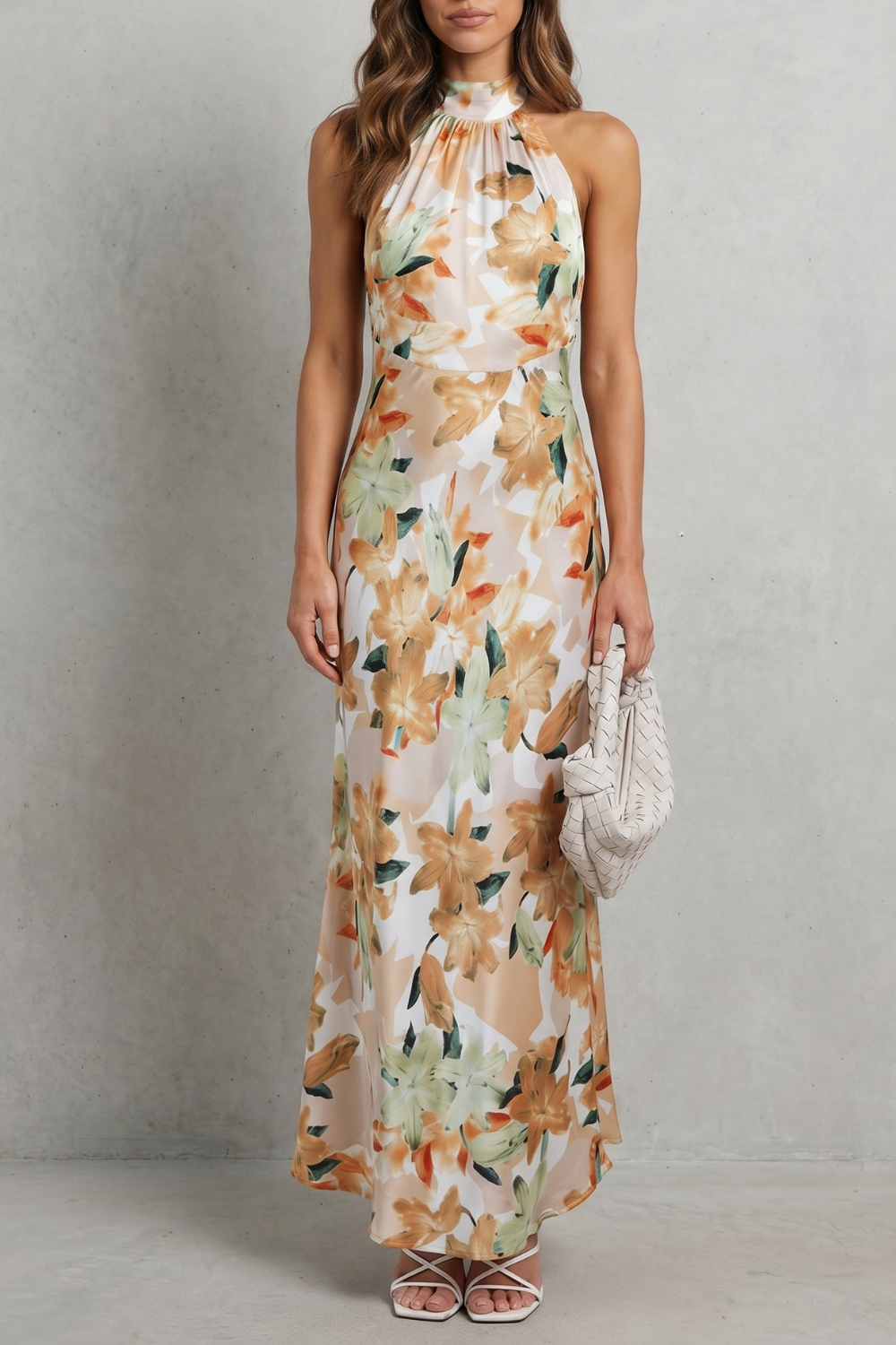 Floral halter maxi dress, sleeveless, champagne base with green and orange flowers