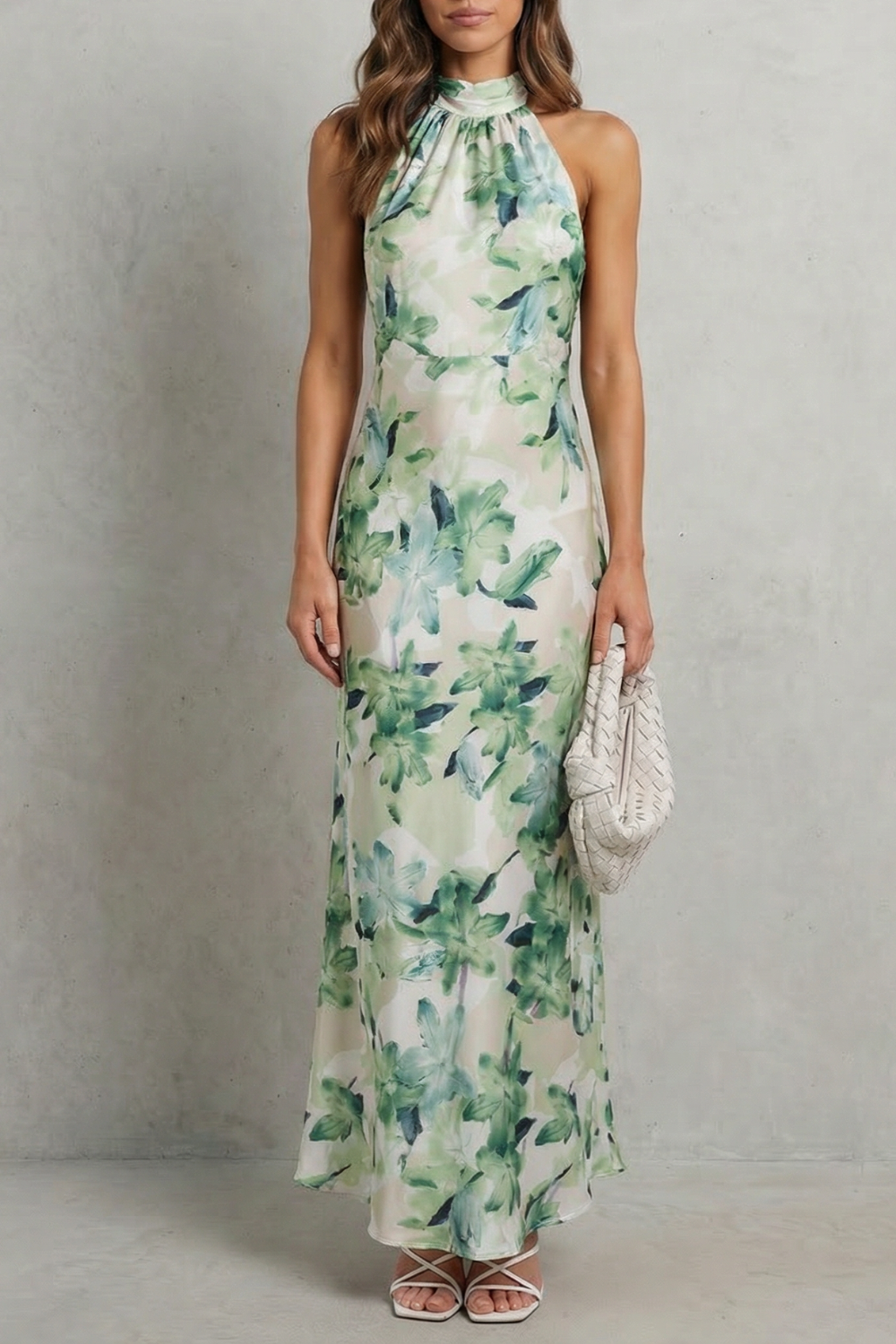 Floral halter maxi dress, sleeveless, light green base with soft blue flowers