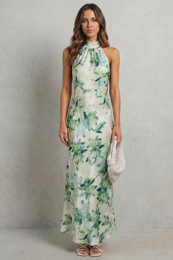 Floral halter maxi dress, sleeveless, light green base with pale blue floral print