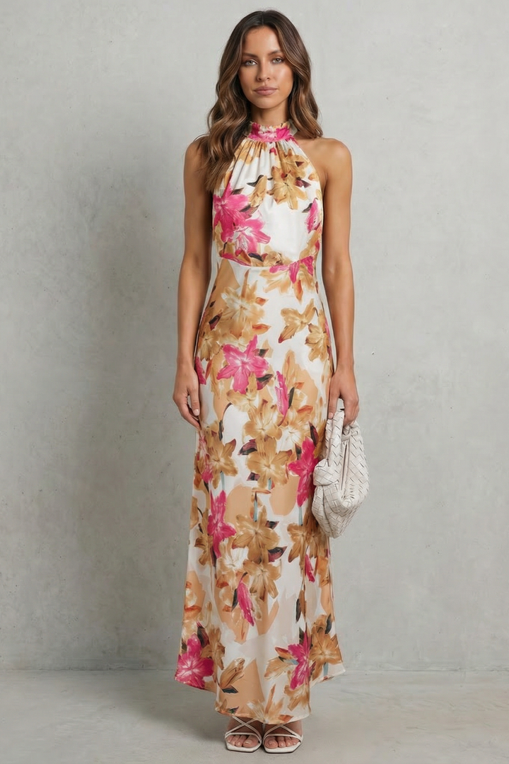 Floral halter maxi dress, sleeveless, white base with pink floral print, front view