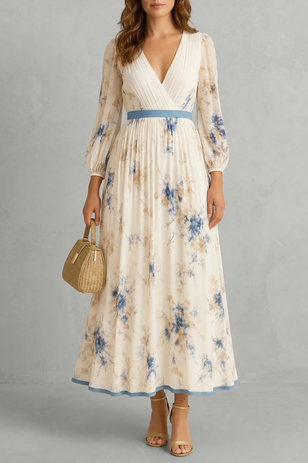 Cream floral pleated maxi dress with V-neck and long puff sleeves