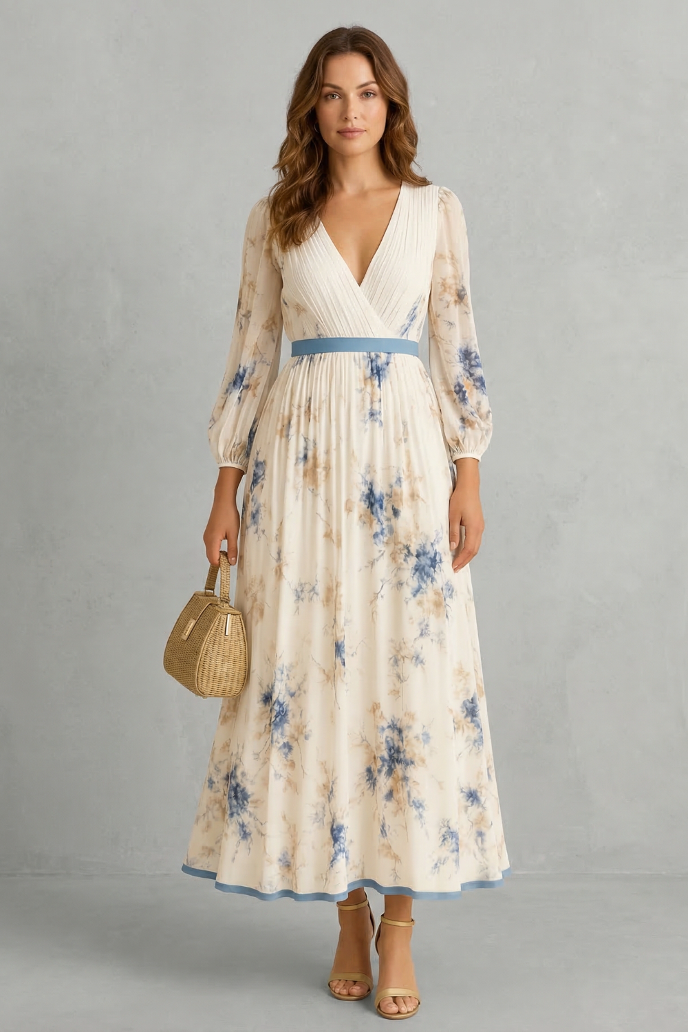 Cream floral maxi dress with V-neck, pleated skirt, and waist belt