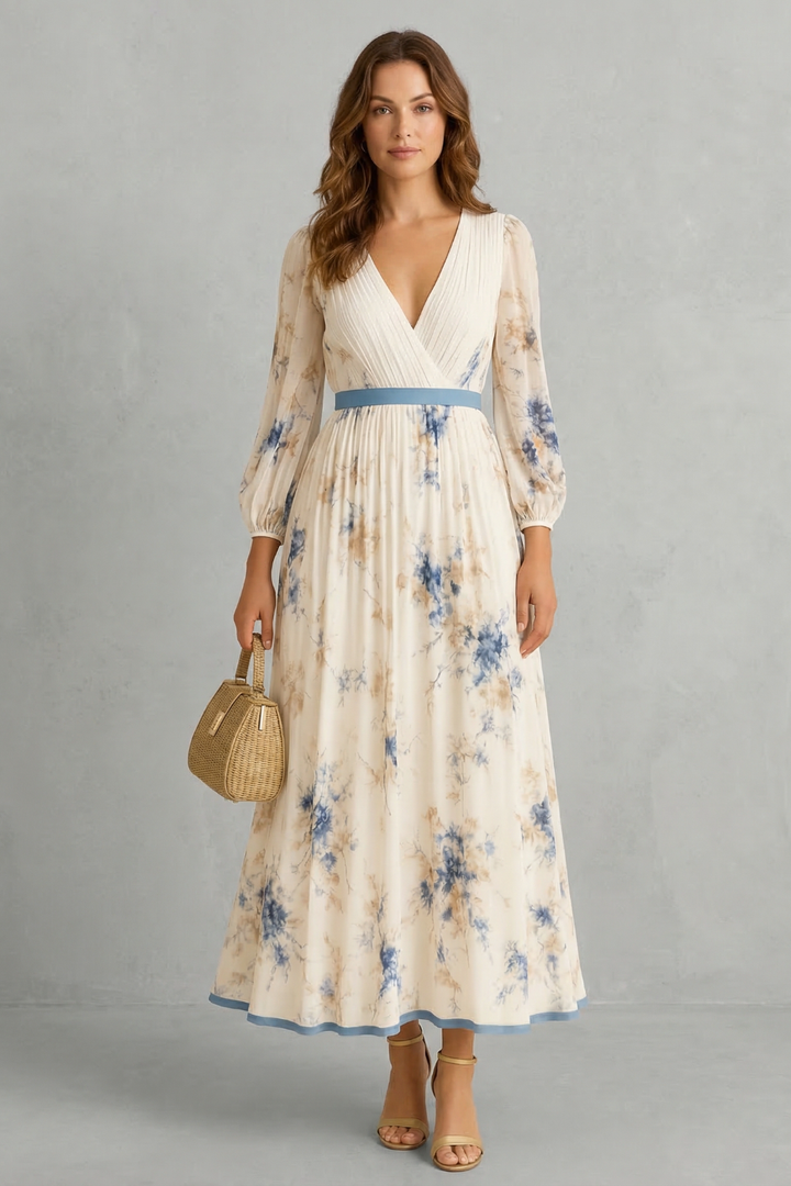 Cream floral maxi dress with V-neck, pleated skirt, and waist belt