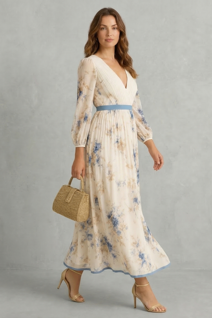 Cream floral maxi dress with V-neck, long sleeves, and pleated hem