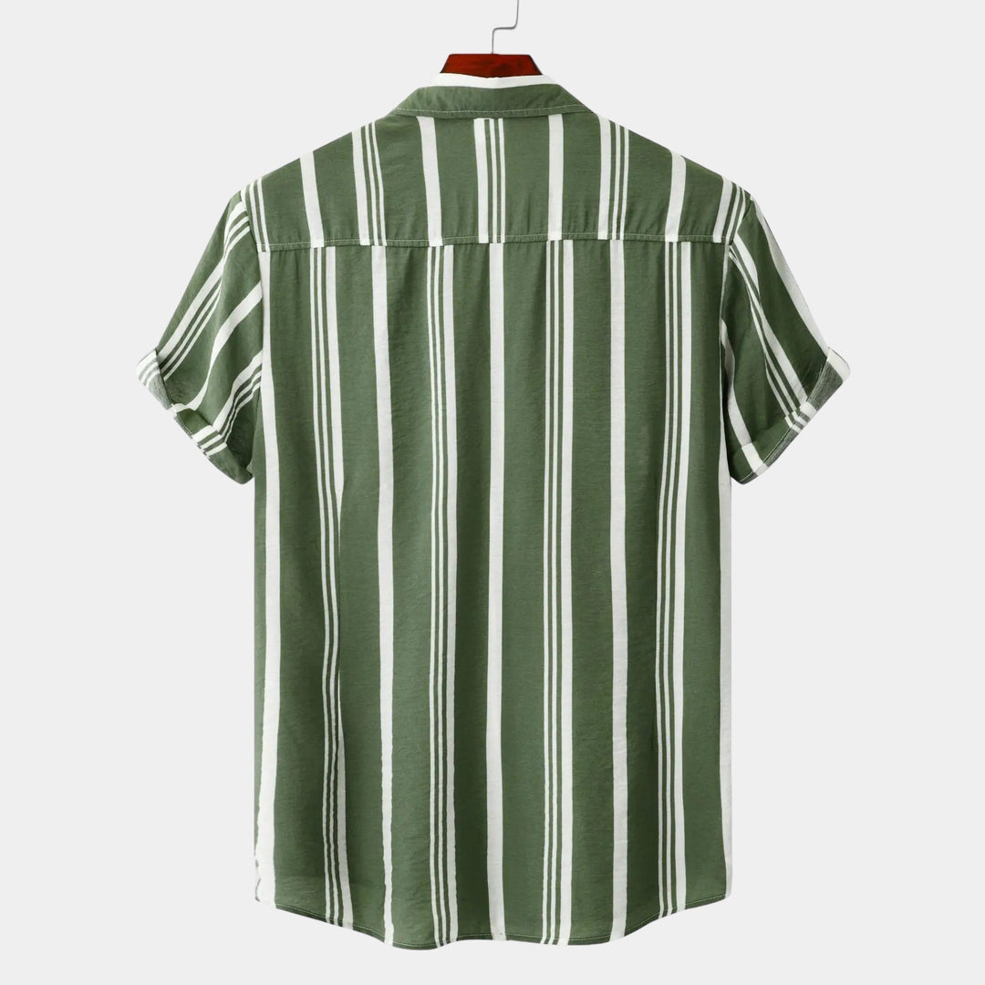 Green short-sleeve striped shirt, back view, with white vertical stripes