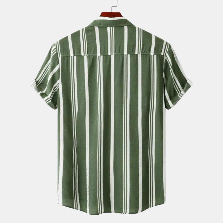 Green short-sleeve striped shirt, back view, with white vertical stripes