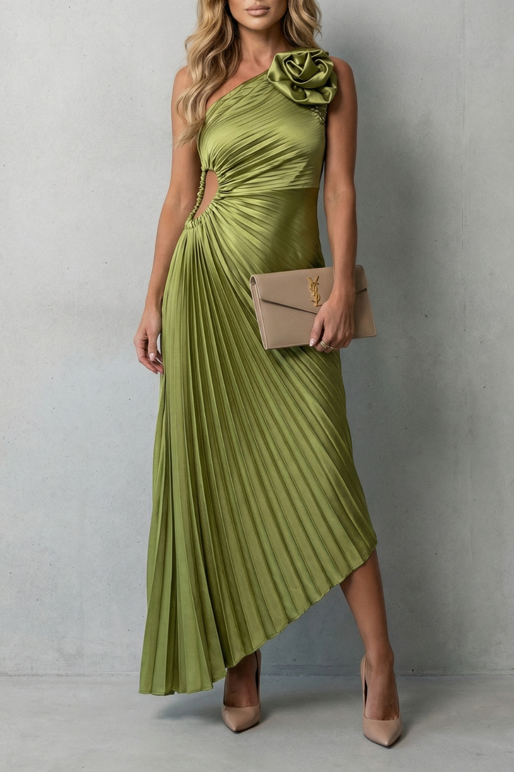 Green pleated sleeveless maxi dress with draped side ruching and bow shoulder detail.