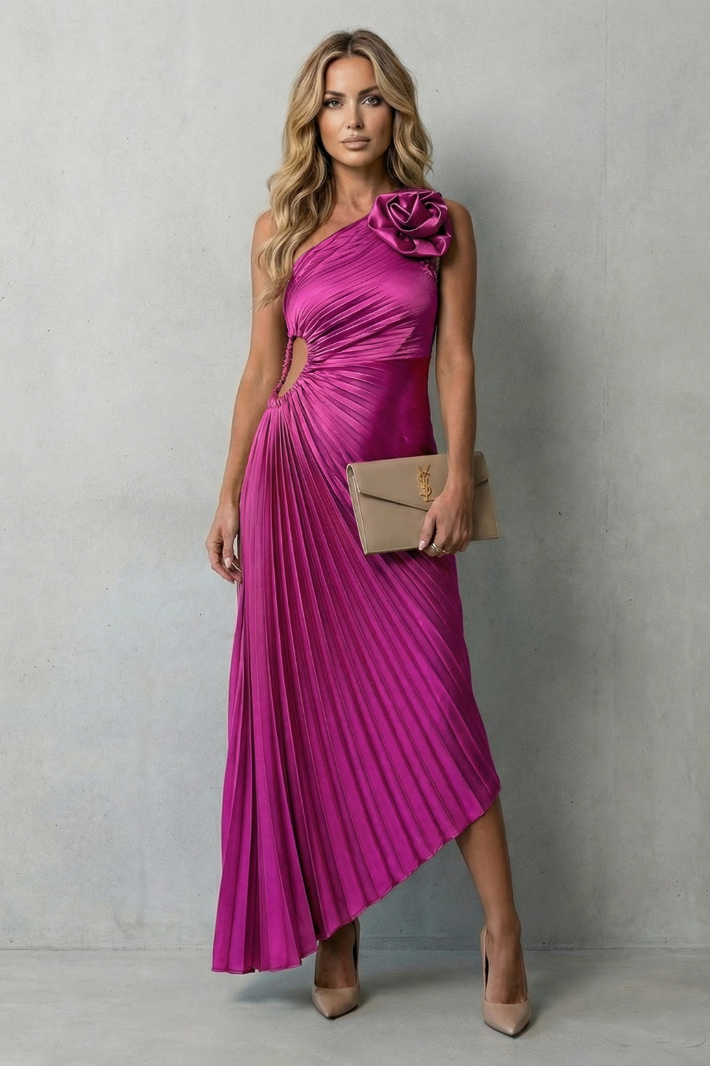 Hot pink pleated sleeveless maxi dress with draped ruched bodice and asymmetrical hem.