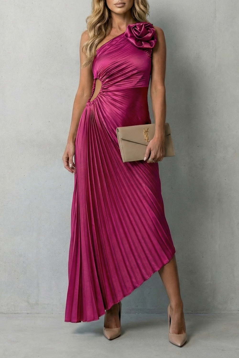Hot pink pleated sleeveless maxi dress with ruched side detail and asymmetric pleated skirt.