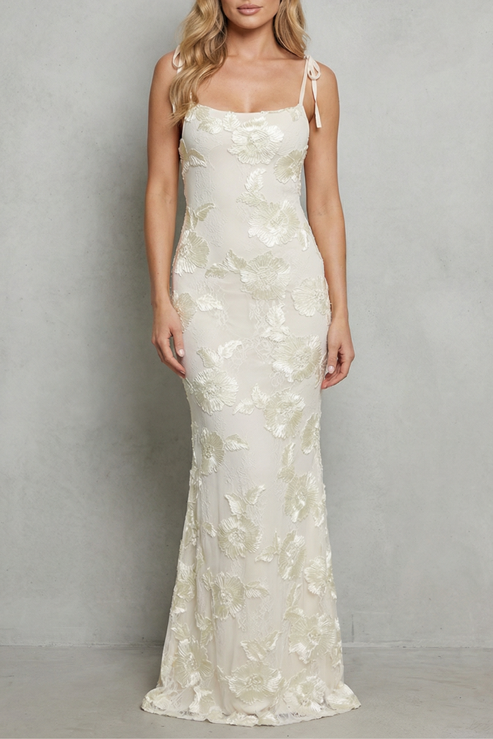 Ivory floral bodycon maxi dress with spaghetti straps and lace texture