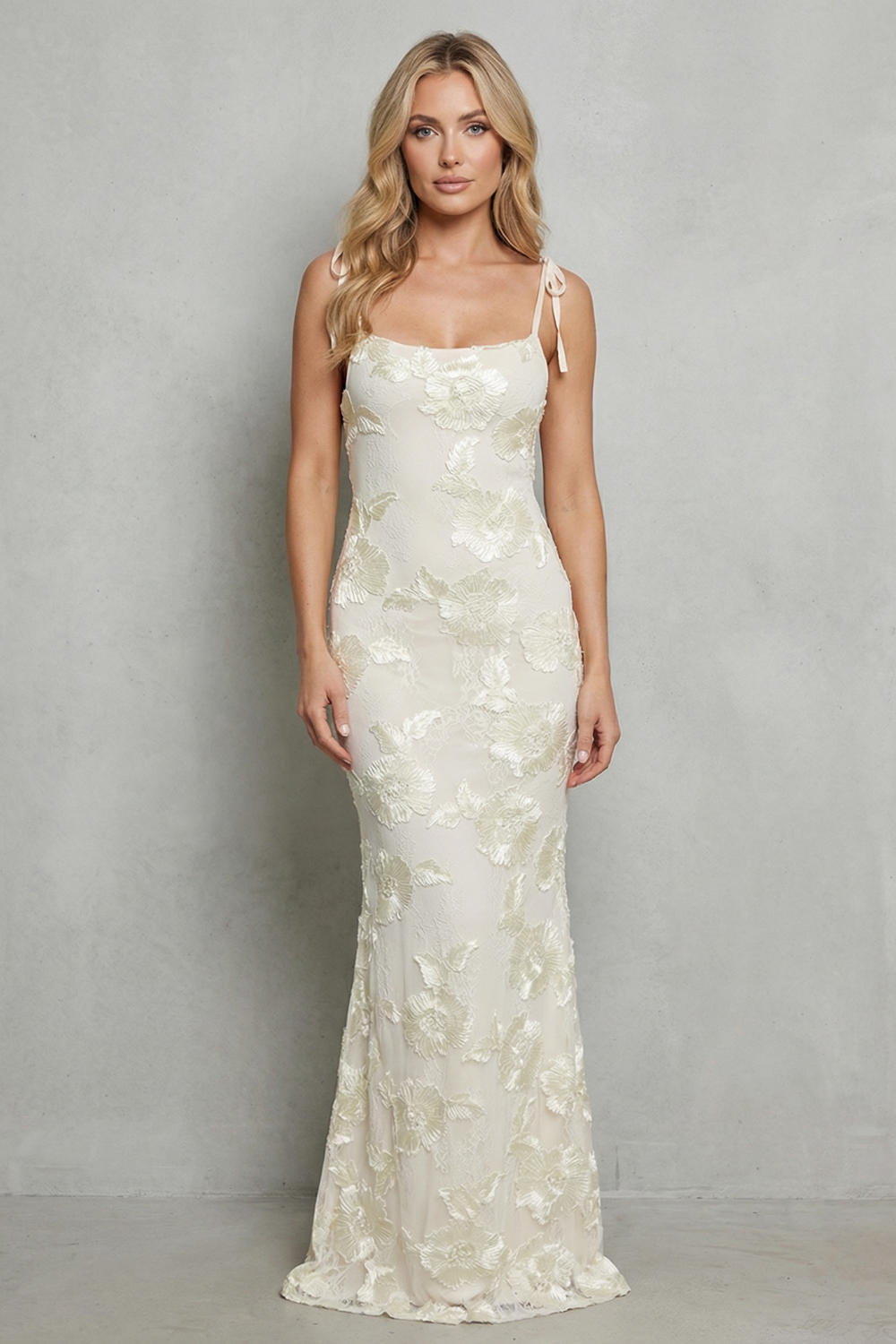 Ivory floral bodycon maxi dress with spaghetti straps and square neckline