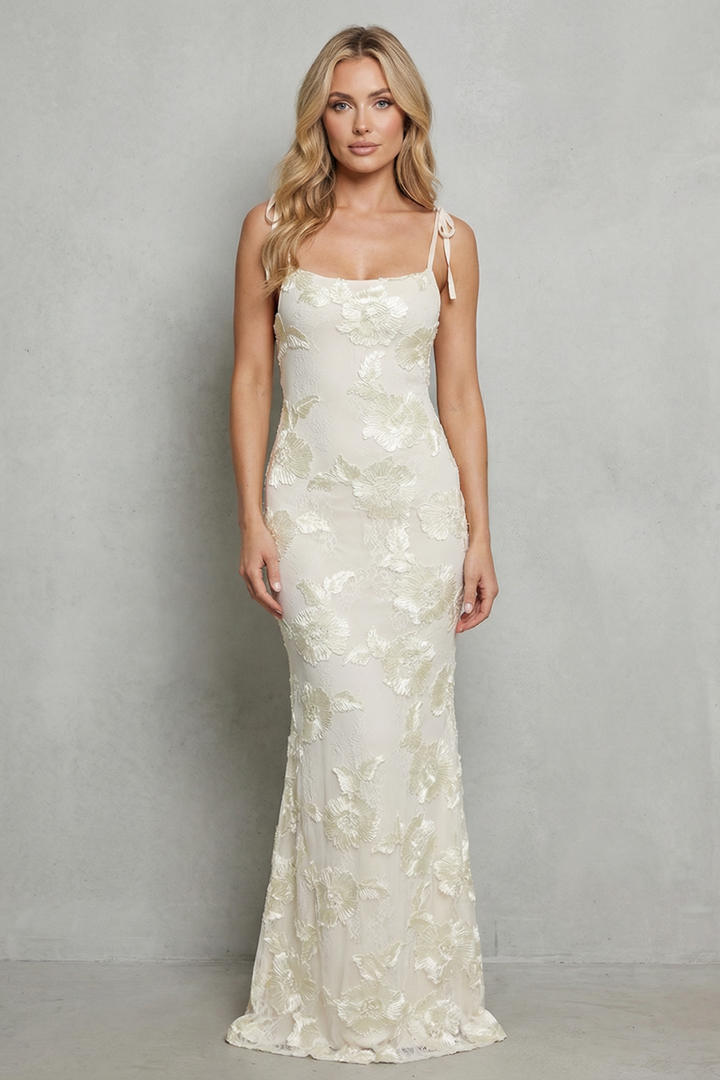 Ivory floral bodycon maxi dress with spaghetti straps and square neckline