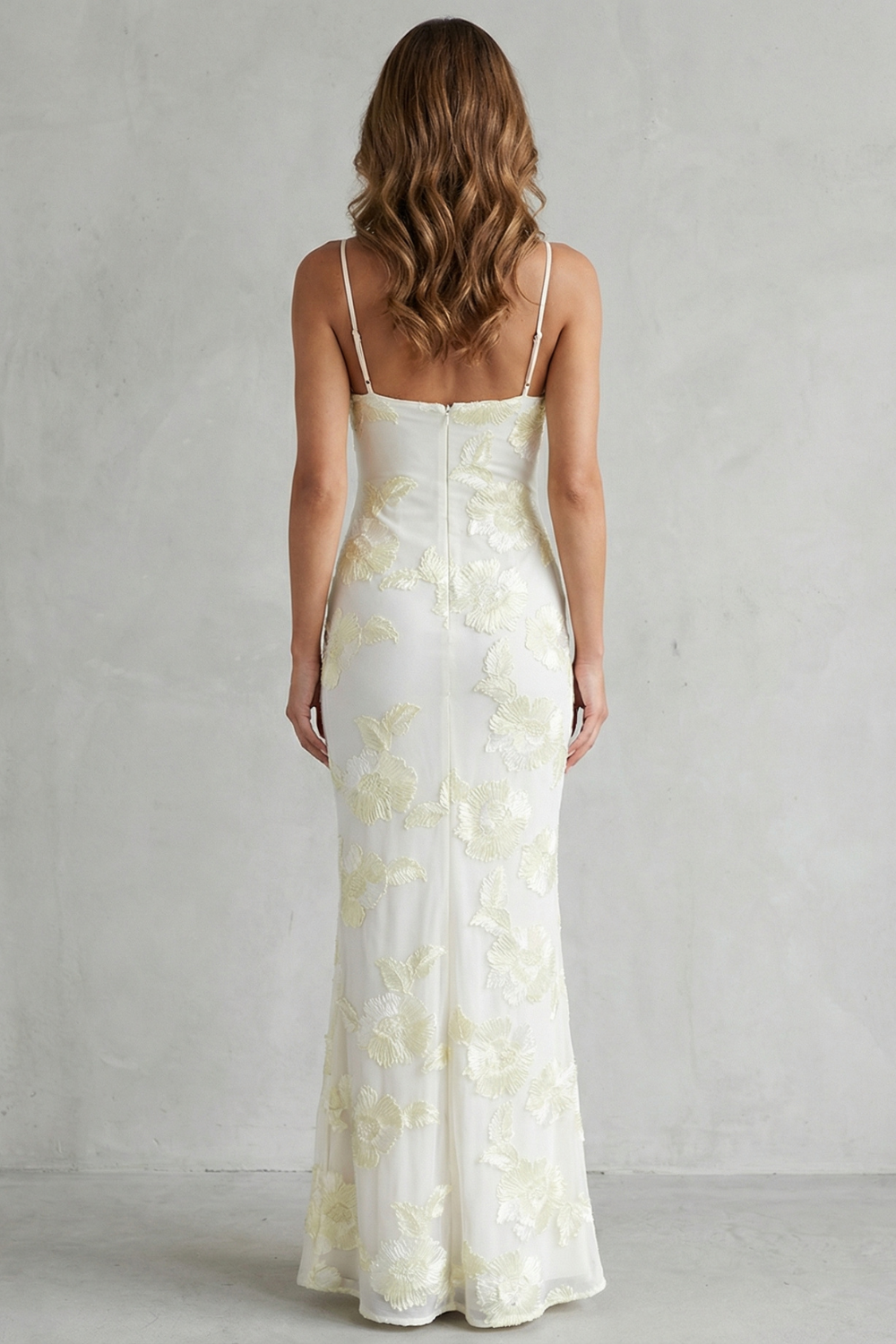 Ivory floral bodycon maxi dress, open back with spaghetti straps