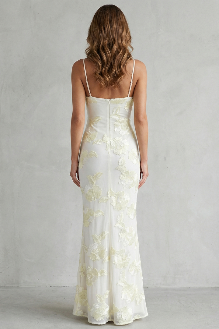 Ivory floral bodycon maxi dress, open back with spaghetti straps