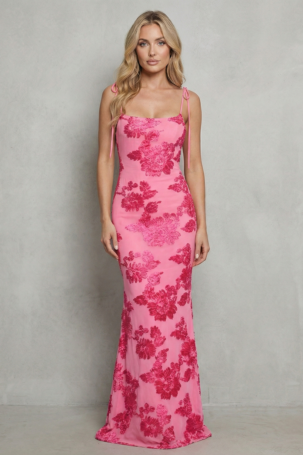 Pink floral bodycon maxi dress with spaghetti straps and square neckline