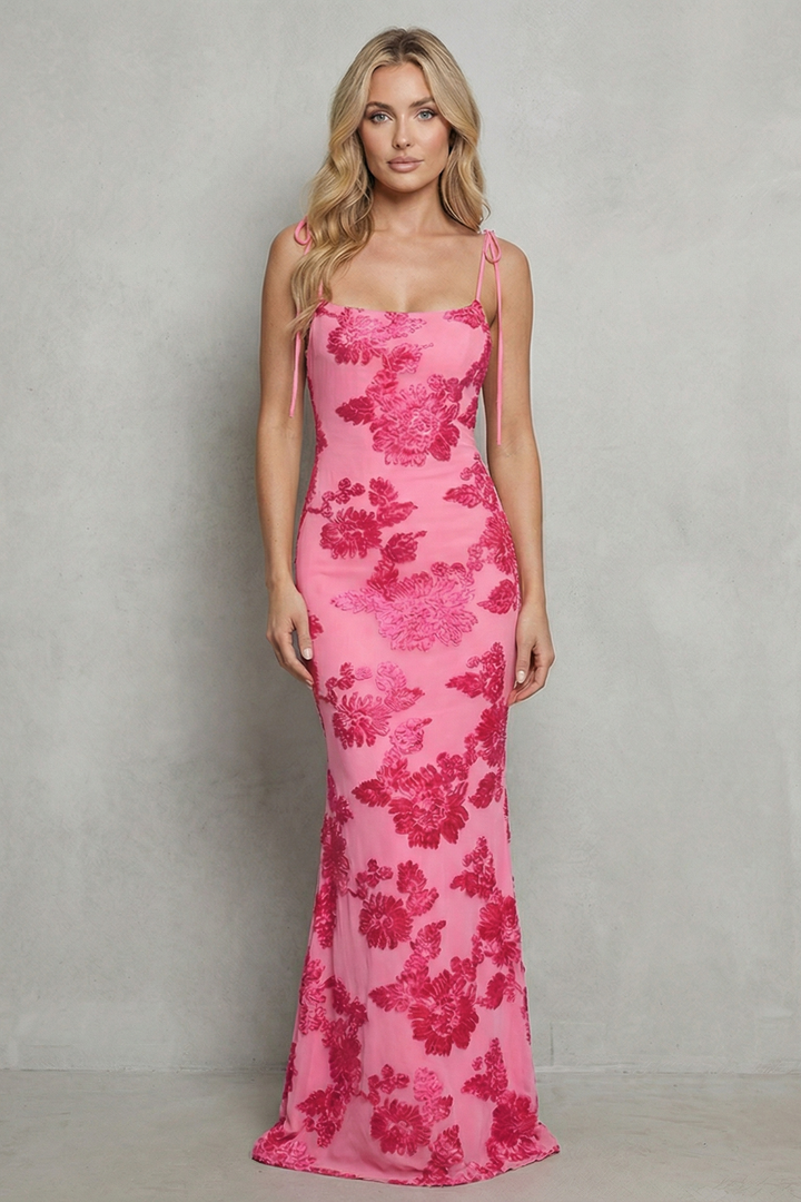 Pink floral bodycon maxi dress with spaghetti straps and square neckline