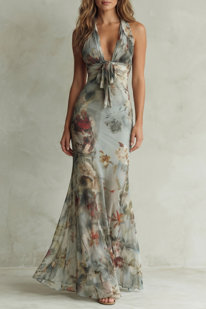 Light blue floral halter maxi dress with tied neckline and flowing chiffon skirt