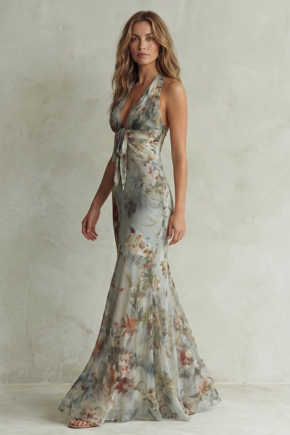 Light blue floral halter maxi dress with long tied strap and sleeveless chiffon