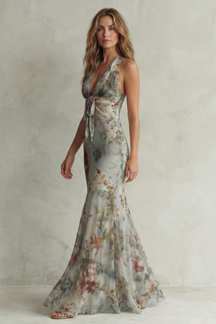 Light blue floral halter maxi dress with long tied strap and sleeveless chiffon