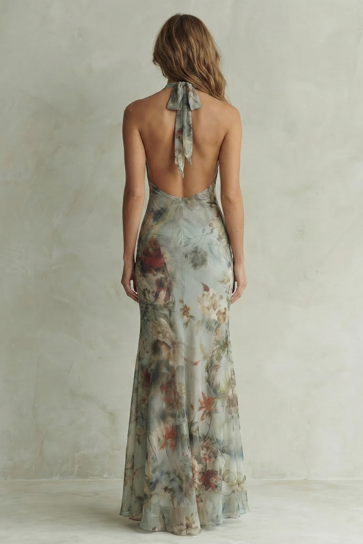 Light blue floral halter maxi dress with open back and neck strap tie, chiffon