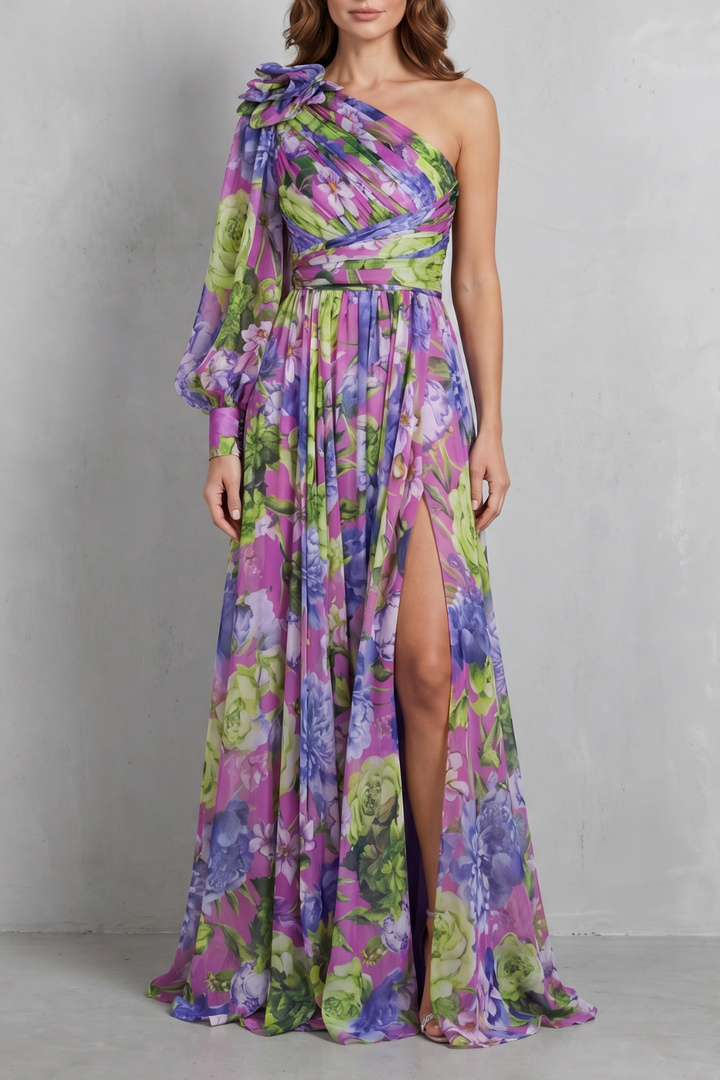 Women's one-shoulder floral maxi dress in purple with long puff sleeve and side slit