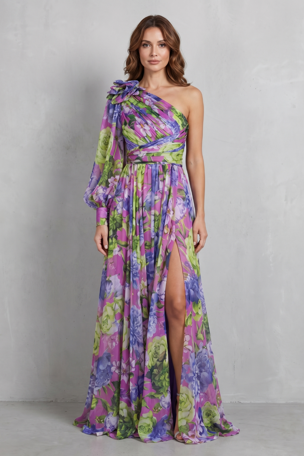 Women's one-shoulder floral maxi dress in purple with gathered waist and side slit