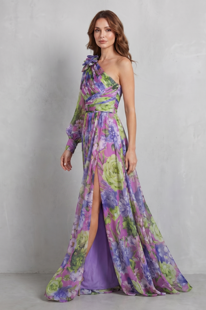 Women's one-shoulder floral maxi dress in purple with draped bodice and side slit