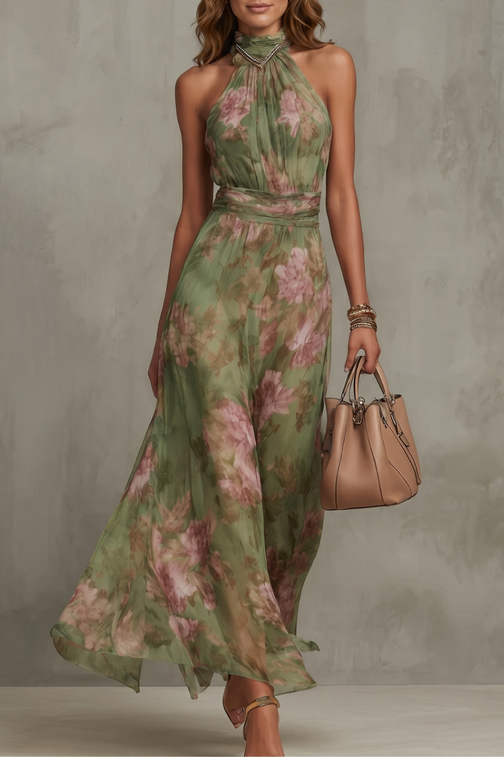 Green floral halter maxi dress, sleeveless with flowing skirt