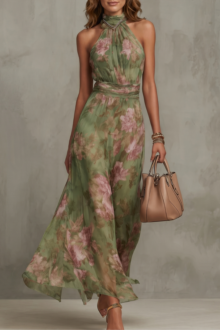 Green floral halter maxi dress, sleeveless with flowing skirt
