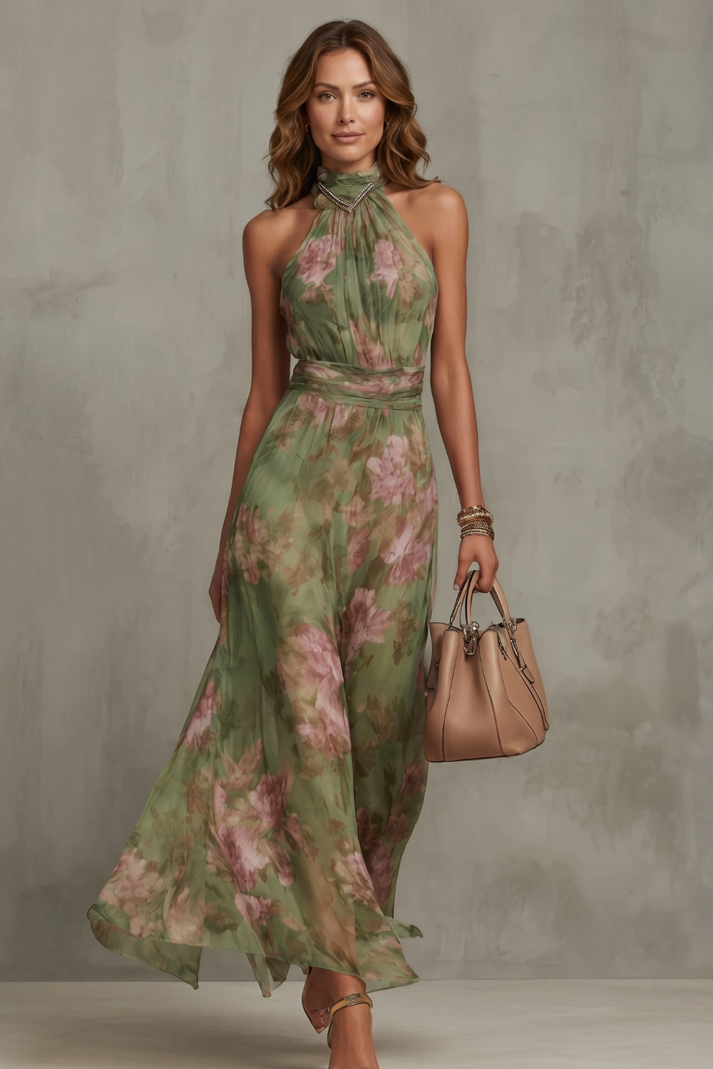 Green floral halter maxi dress with fitted waist and flowing skirt