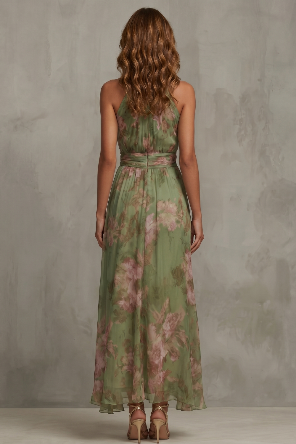 Green floral halter maxi dress, open back and full-length skirt