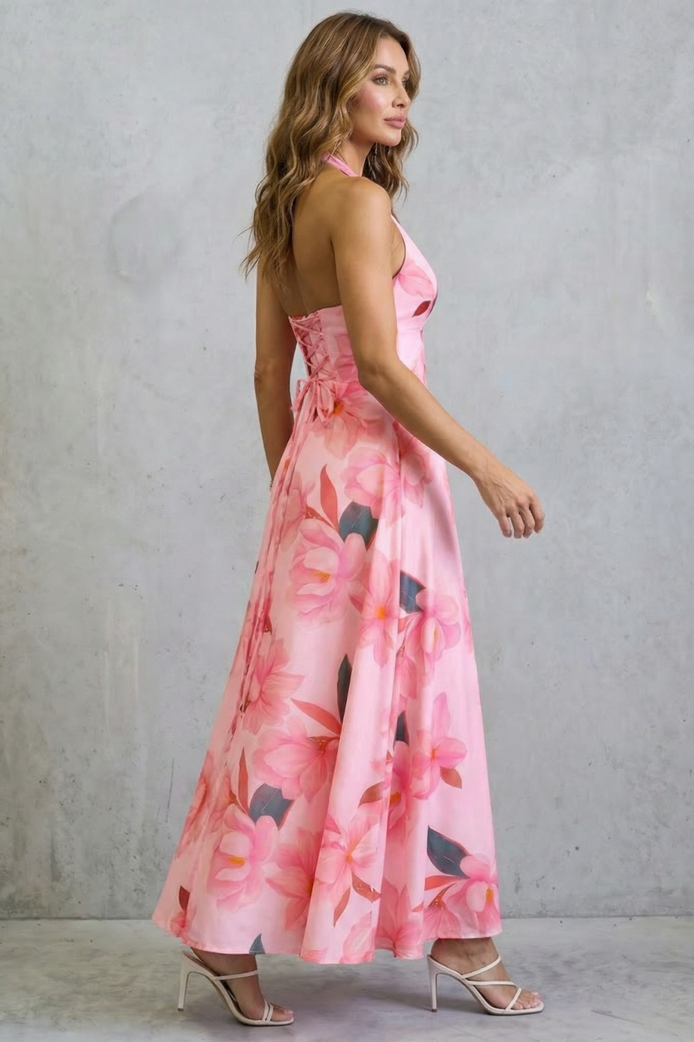 Pink floral backless maxi dress, thin straps, V-neck front