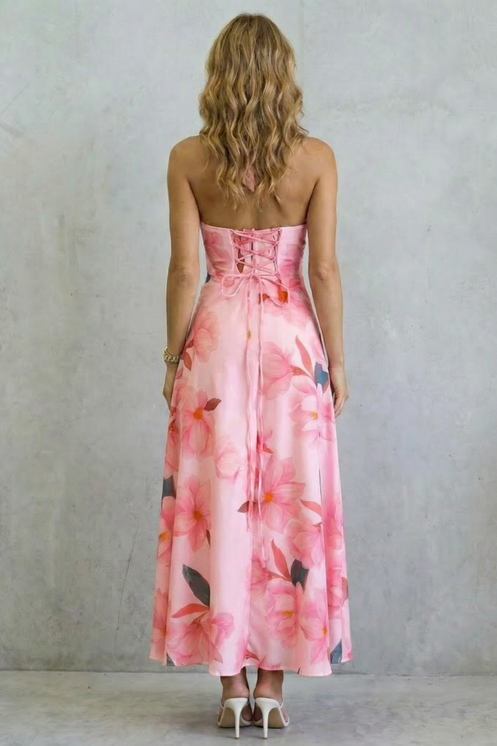 Pink floral backless maxi dress with lace-up back and thin straps