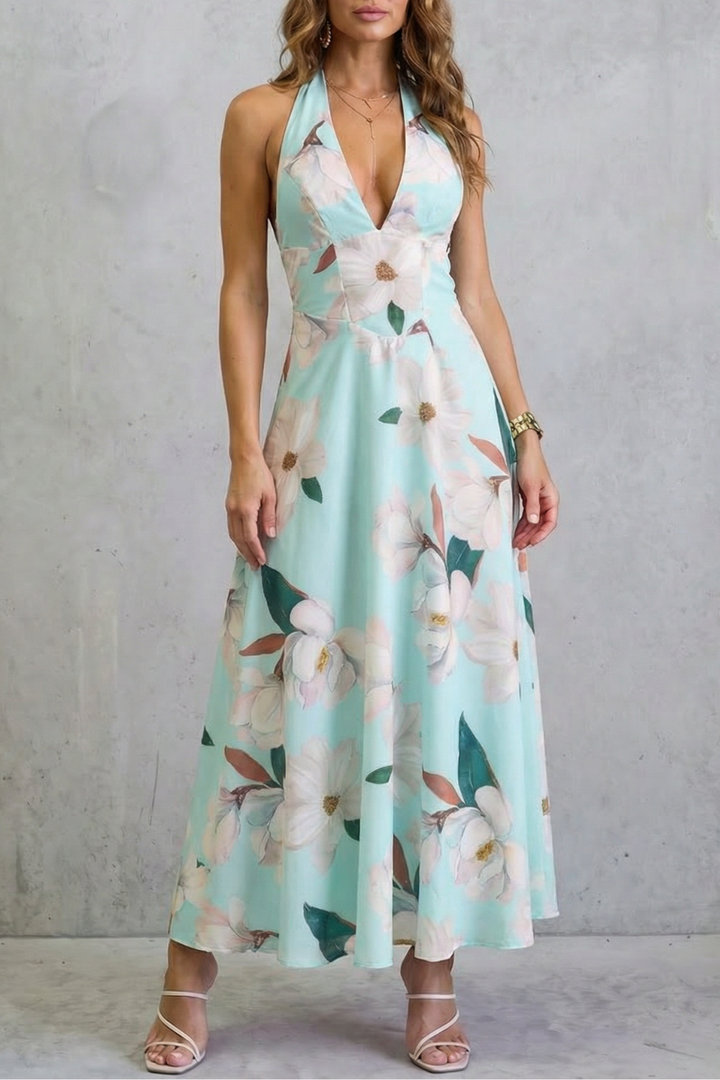 Mint floral backless maxi dress with deep V neckline and thin straps