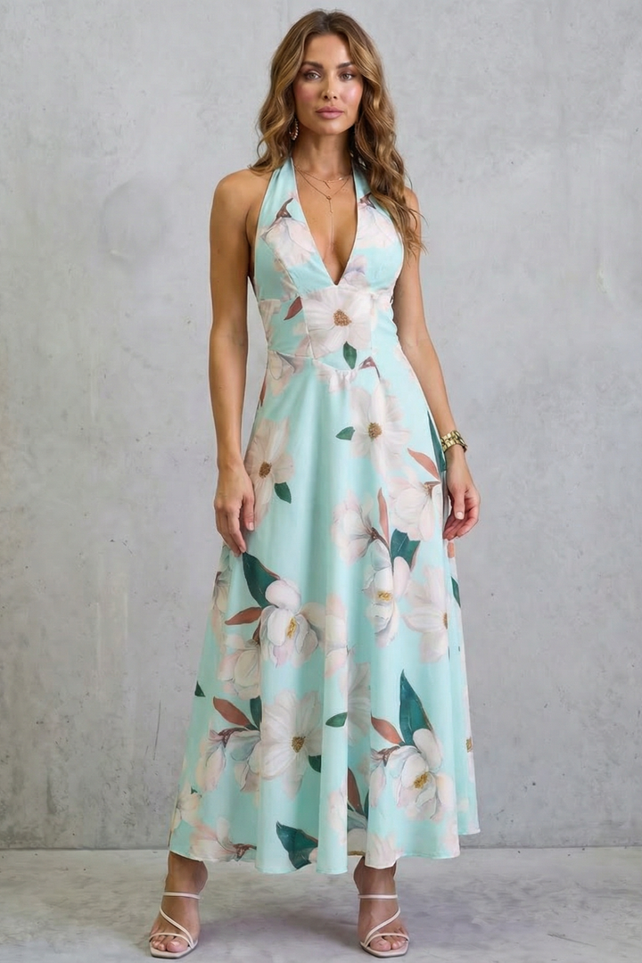 Mint floral maxi dress with deep V neckline and thin straps