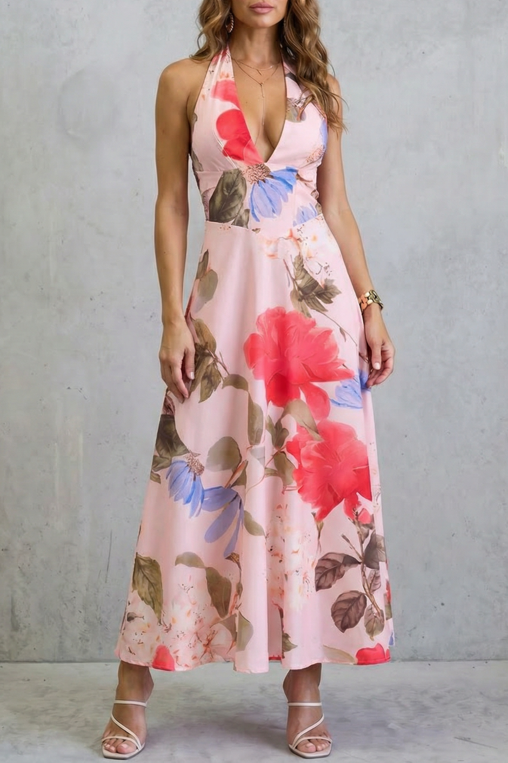 Apricot floral backless maxi dress with deep V neckline and thin straps