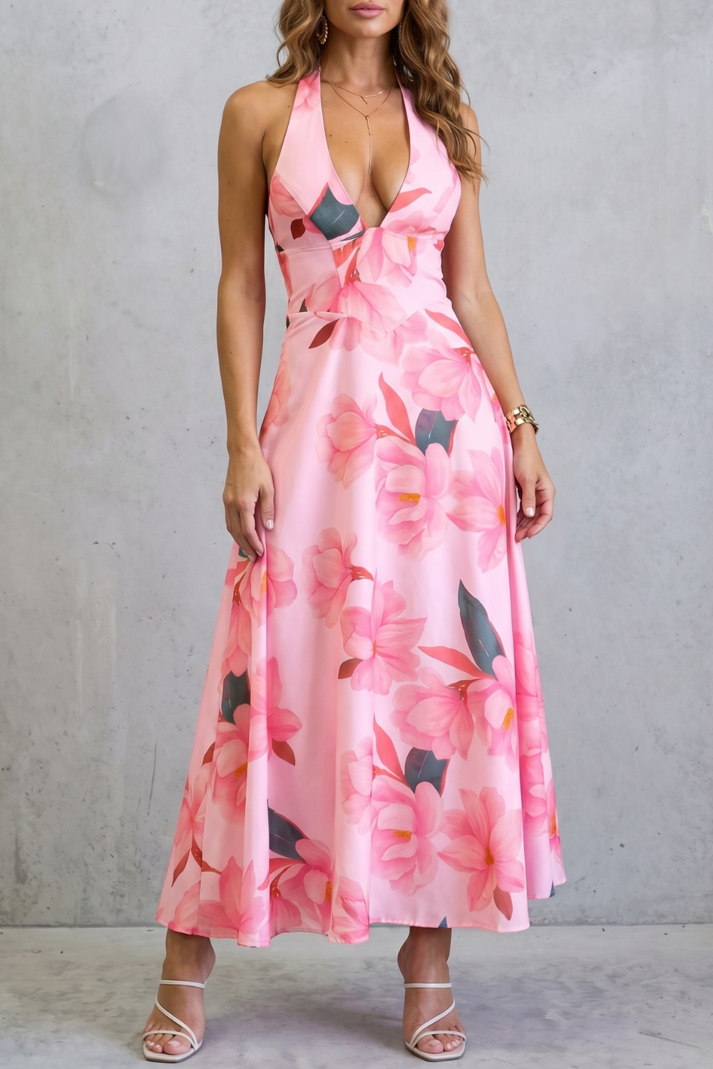 Pink floral backless maxi dress with deep V neckline and thin straps