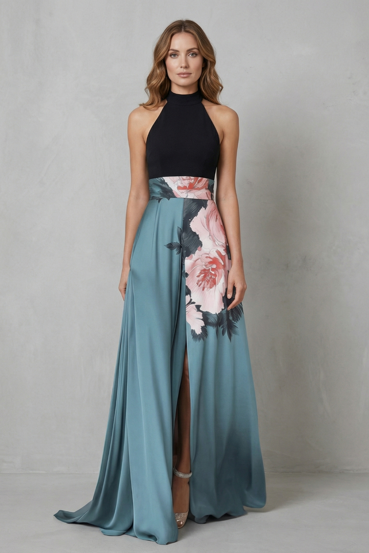 Halter maxi dress with black halter top and teal-blue skirt, large floral print.