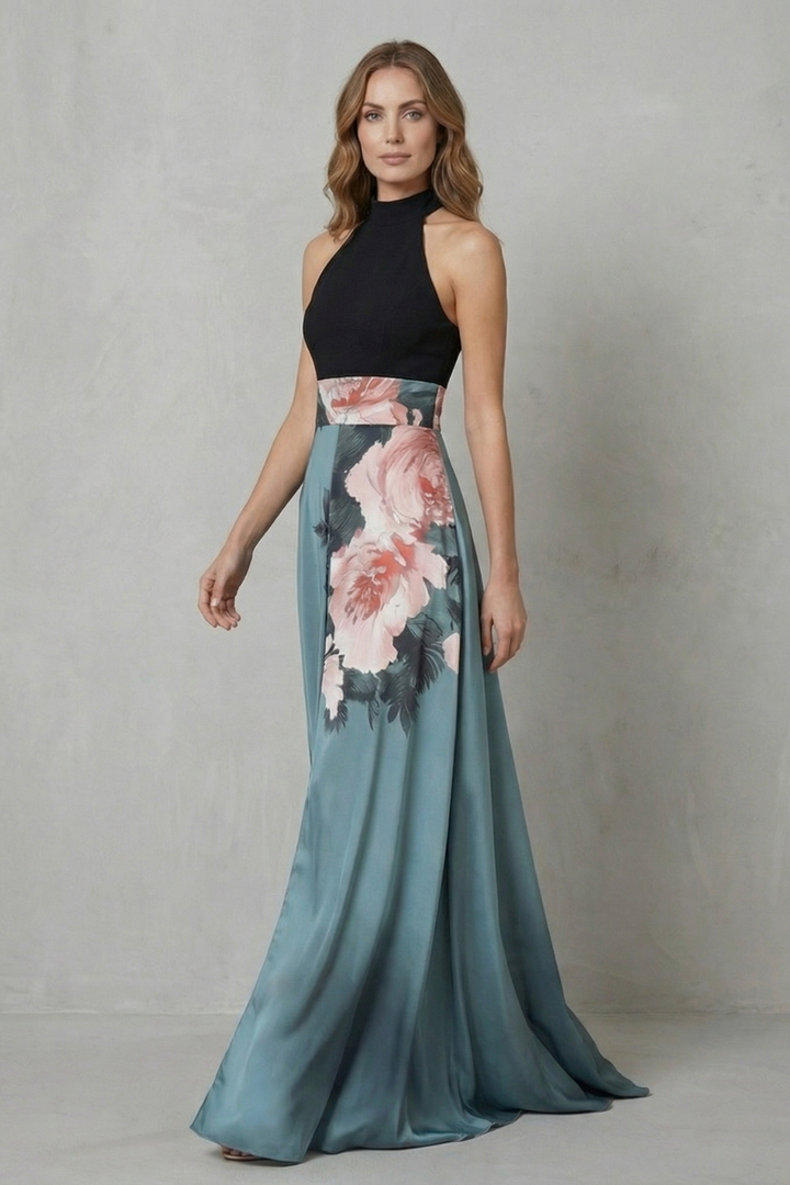 Halter maxi dress with black halter neckline and teal-blue body with floral band.
